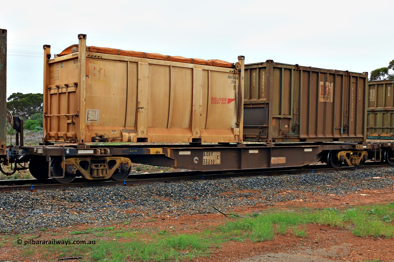 240401 4981
Kalgoorlie, Aurizon's 1029 Malcolm Freighter, waggon AQNY 32210, one of sixty two waggons built by Goninan WA in 1998 as the WQN type for Murrin Murrin container traffic loaded with two 20' sulphur containers a 25UA roll top Bis Deliver Every Day BICN 108400[0] and a 25U0 type hard top Bis Industries BISU 100084[6]. 1st of April 2024.
Keywords: AQNY-type;AQNY32210;Goninan-WA;WQN-type;