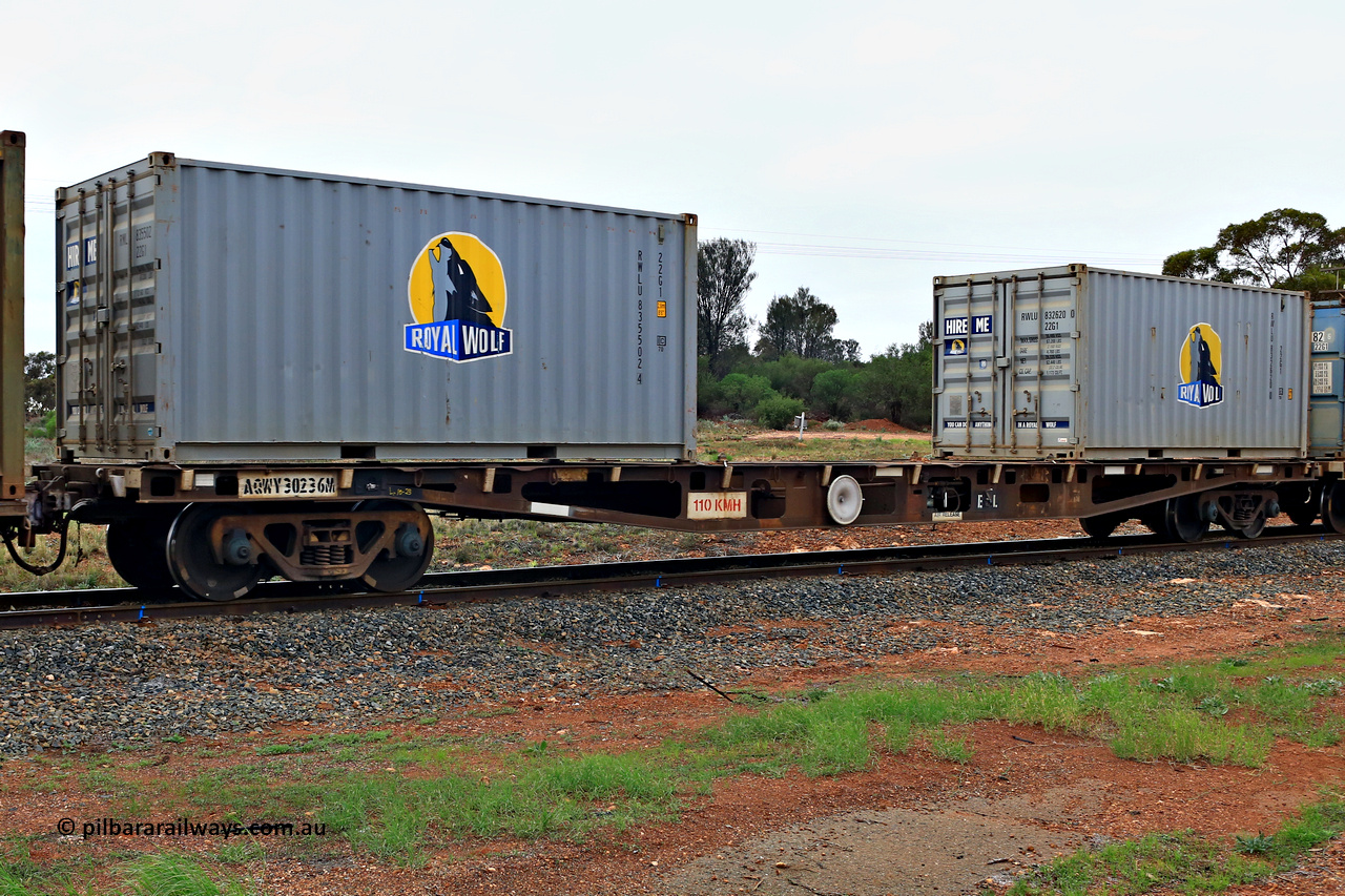 240401 4986
Kalgoorlie, Aurizon's 1029 Malcolm Freighter, waggon AQWY 30236 loaded with two Royal Wolf 20' 22G1 type containers RWLU 835502[4] and RWLU 832620[0]. AQWY 30236 was built by WAGR Midland Workshops as a WFX type in 1974 in a batch of 44. Recoded to WQCX in 1980. 1st of April 2024.
Keywords: AQWY-type;AQWY30236;WAGR-Midland-WS;WFX-type;WQCX-type;