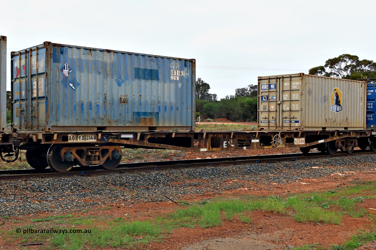 240401 4987
Kalgoorlie, Aurizon's 1029 Malcolm Freighter, waggon AQWY 30214 loaded with two 20' 22G1 type containers, AXIU 841482[6] and Royal Wolf RWLU 821400[5]. AQWY 30214 was built by WAGR Midland Workshops as a WFX type in 1974 in a batch of 44. Recoded to WQCX in 1979, recoded to AQCY with ARG before current code. 1st of April 2024.
Keywords: AQWY-type;AQWY30214;WAGR-Midland-WS;WFX-type;WQCX-type;AQCY-type;