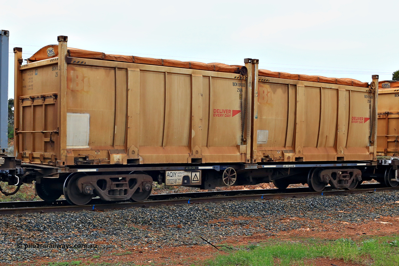 240401 4989
Kalgoorlie, Aurizon's 1029 Malcolm Freighter, waggon AQIY 00022 loaded with two 20' 25UA type roll tops, Bis Deliver Every Day BICN 109000[3] and BICN 105600[9]. The AQIY were originally built as the CQYY but CFCLA did not buy them, Bradken then stored them as KQYY. When Aurizon bought them they had the handbrake relocated to the middle of the waggon from the end. 1st of April 2024.
Keywords: AQIY-type;AQIY00022;Bradken;CQYY-type;KQYY-type;