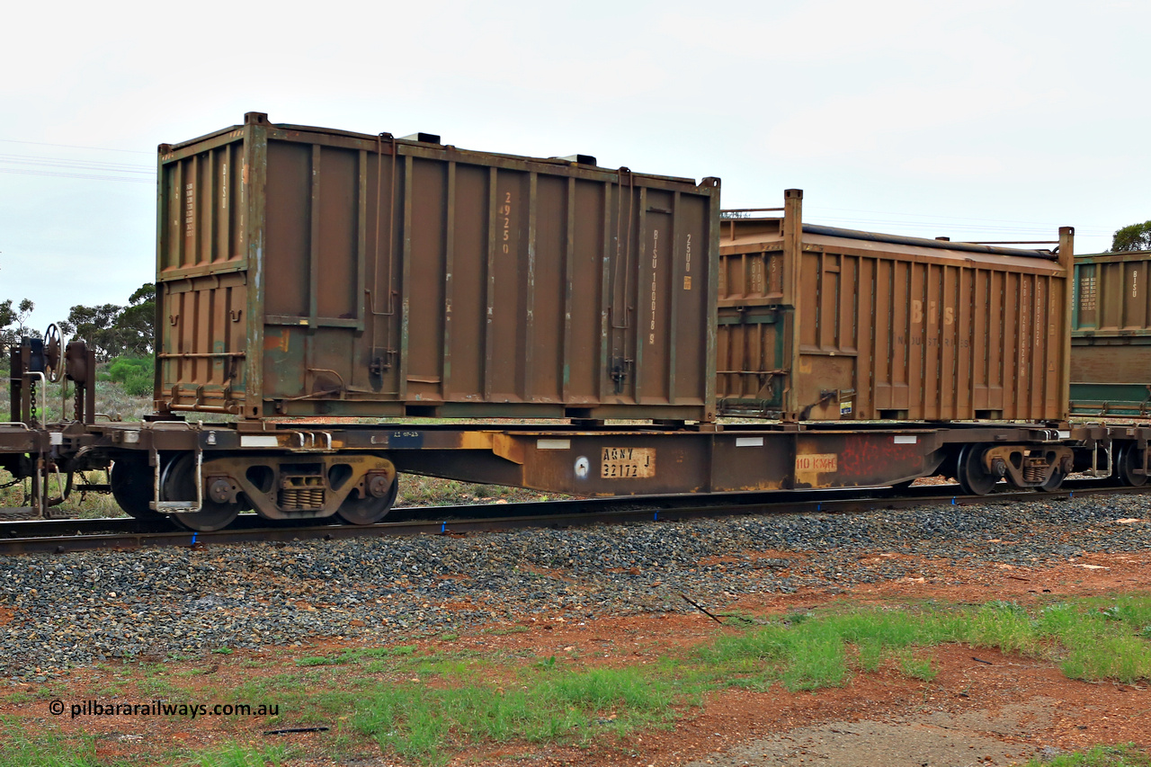 240401 4995
Kalgoorlie, Aurizon's 1029 Malcolm Freighter, waggon AQNY 32172, one of sixty two waggons built by Goninan WA in 1998 as the WQN type for Murrin Murrin container traffic loaded with two 20' sulphur containers, a 25U0 type hard top BISU 100018[9] and Bis Industries 55UA type roll top SBIU 200624[6]. 1st of April 2024.
Keywords: AQNY-type;AQNY32172;Goninan-WA;WQN-type;