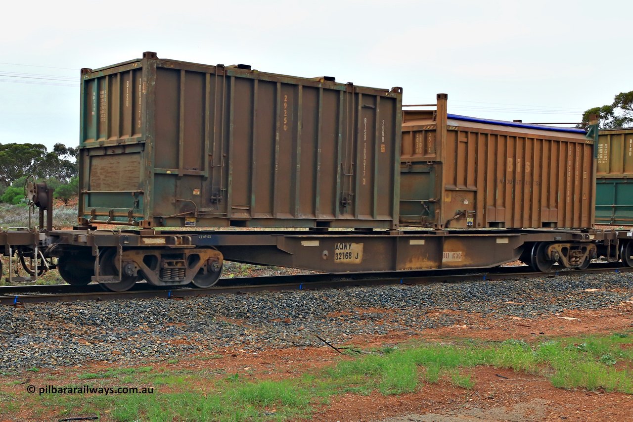 240401 4996
Kalgoorlie, Aurizon's 1029 Malcolm Freighter, waggon AQNY 32168, one of sixty two waggons built by Goninan WA in 1998 as the WQN type for Murrin Murrin container traffic loaded with two 20' sulphur containers, a 25U0 type hard top BISU 100017[3] and Bis Industries 55UA type roll top SBIU 200638[0]. 1st of April 2024.
Keywords: AQNY-type;AQNY32168;Goninan-WA;WQN-type;