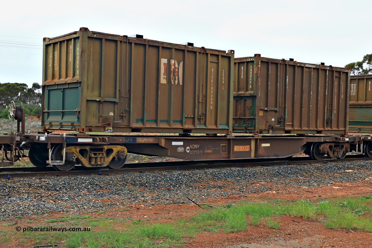 240401 4997
Kalgoorlie, Aurizon's 1029 Malcolm Freighter, waggon AQNY 32212, final member of the sixty two waggons built by Goninan WA in 1998 as WQN type for Murrin Murrin container traffic loaded with two 20' 25U0 type hard top sulphur containers, Bis Industries BISU 100096[0] and BISU 100046[6]. 1st of April 2024.
Keywords: AQNY-type;AQNY32212;Goninan-WA;WQN-type;