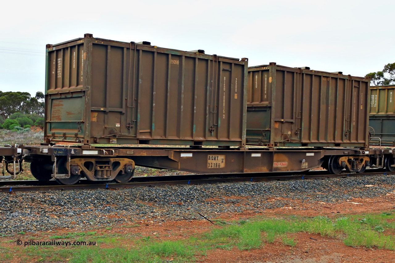 240401 4998
Kalgoorlie, Aurizon's 1029 Malcolm Freighter, waggon AQNY 32180, one of sixty two waggons built by Goninan WA in 1998 as the WQN type for Murrin Murrin container traffic loaded with two 20' 25U0 type hard top sulphur containers, BISU 100015[2] and BISU 100004[4]. 1st of April 2024.
Keywords: AQNY-type;AQNY32180;Goninan-WA;WQN-type;