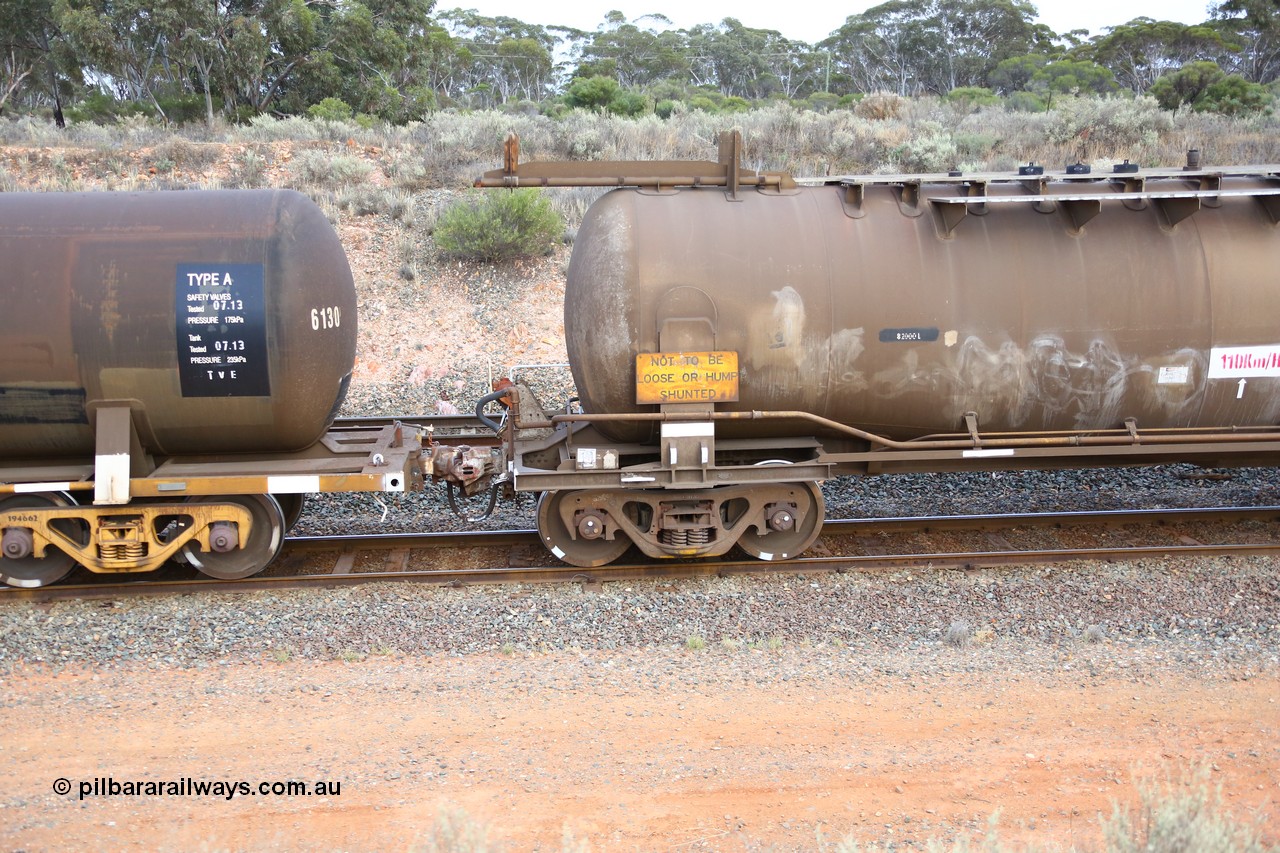 161116 5111
West Kalgoorlie, Shell fuel train 3442, tank waggon ATBY 14592, built by Westrail Midland Workshops 1981 for Bain Leasing as type JPB, 82 kL, on narrow gauge as JPBA, then SG WJPB, note vacuum brake pipe and type F InterLock coupler, 6130 has conventional style coupler.
Keywords: ATBY-type;ATBY14592;Westrail-Midland-WS;JPB-type;JPBA-type;WJPB-type;