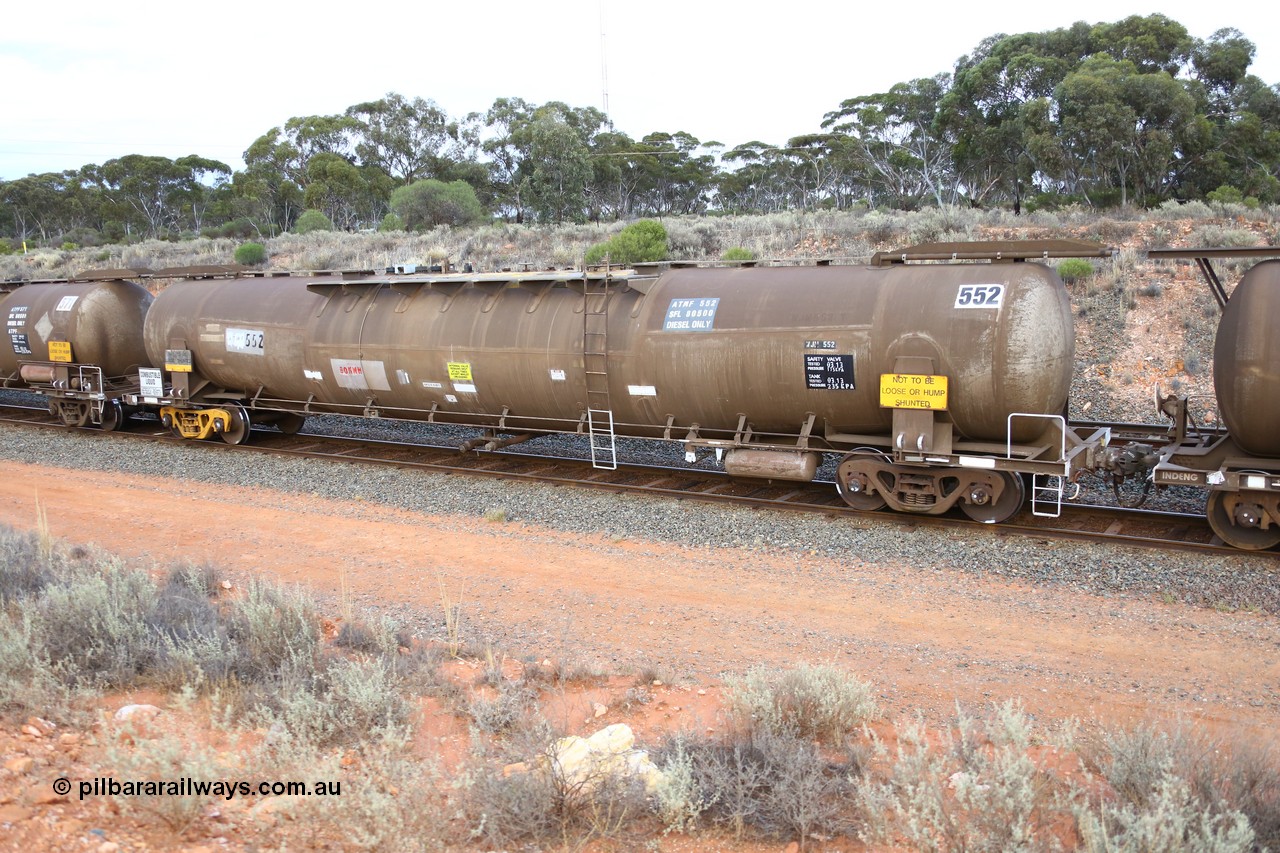 161116 5115
West Kalgoorlie, Shell fuel train 3442, ATMF 552 fuel tank waggon, one of three built by Tulloch Limited NSW as WJM type in 1971 with a capacity of 96.25 kL one compartment one dome, current capacity of 80500 litres. 551 and 552 for Shell and 553 for BP Oil, E type couplers fitted.
Keywords: ATMF-type;ATMF552;Tulloch-Ltd-NSW;WJM-type;