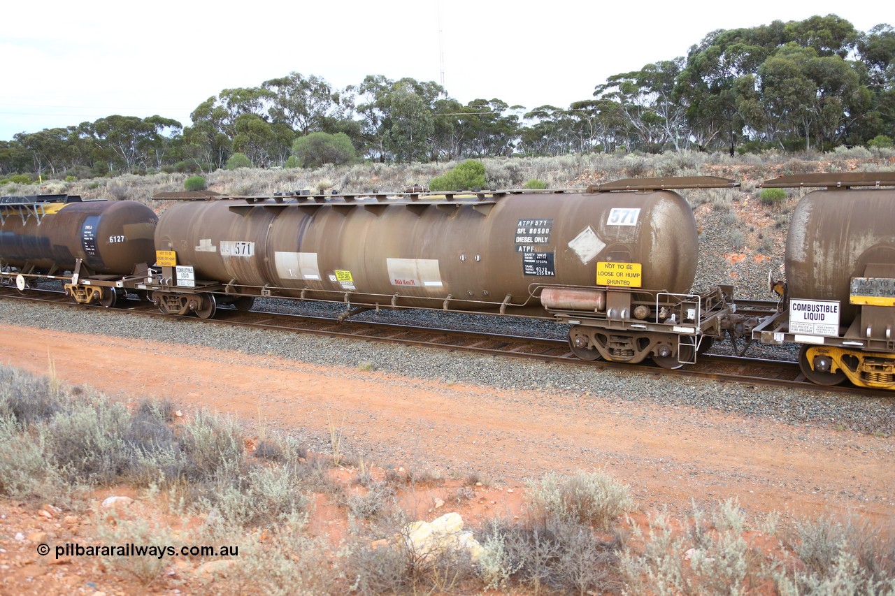 161116 5116
West Kalgoorlie, Shell fuel train 3442, ATPF 571 fuel tank waggon is the type leader built by WAGR Midland Workshops in 1974 for Shell as WJP type 80.66 kL one compartment one dome, capacity of 80500 litres, fitted with type F InterLock couplers.
Keywords: ATPF-type;ATPF571;WAGR-Midland-WS;WJP-type;
