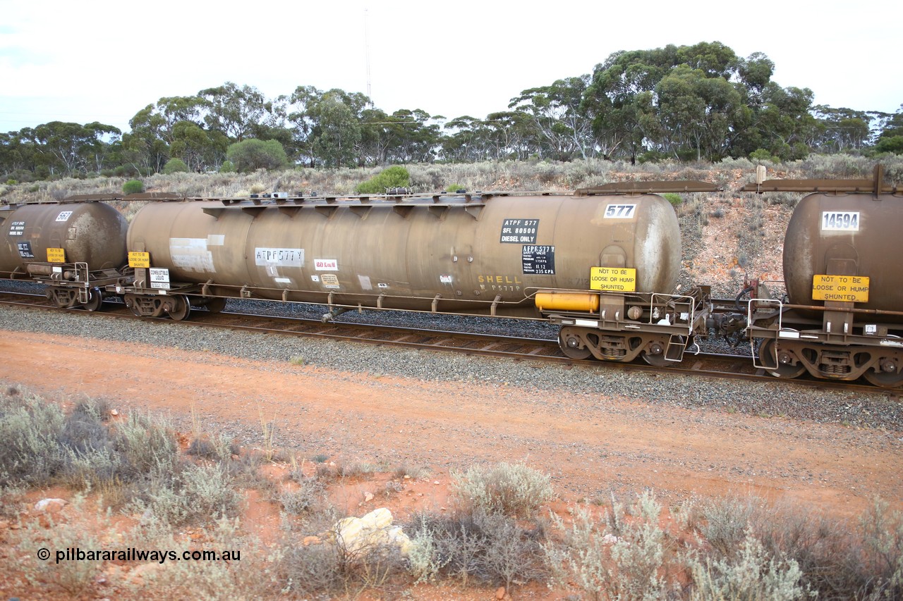 161116 5123
West Kalgoorlie, Shell fuel train 3442, ATPF 577 fuel tank waggon built by WAGR Midland Workshops 1974 for Shell as type WJP, 80.66 kL one compartment one dome, capacity of 80500 litres, fitted with type F InterLock couplers Shell Fleet no. TR712.
Keywords: ATPF-type;ATPF577;WAGR-Midland-WS;WJP-type;