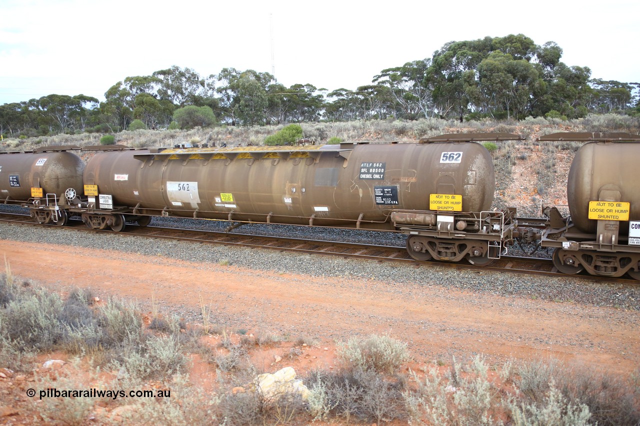 161116 5124
West Kalgoorlie, Shell fuel train 3442, ATLF 562 tank waggon, built by WAGR Midland Workshops 1973 for Shell as type WJL 86.49 kL one compartment one dome with a capacity of 80500 litres, fitted with type F InterLock couplers.
Keywords: ATLF-type;ATLF562;WAGR-Midland-WS;WJL-type;