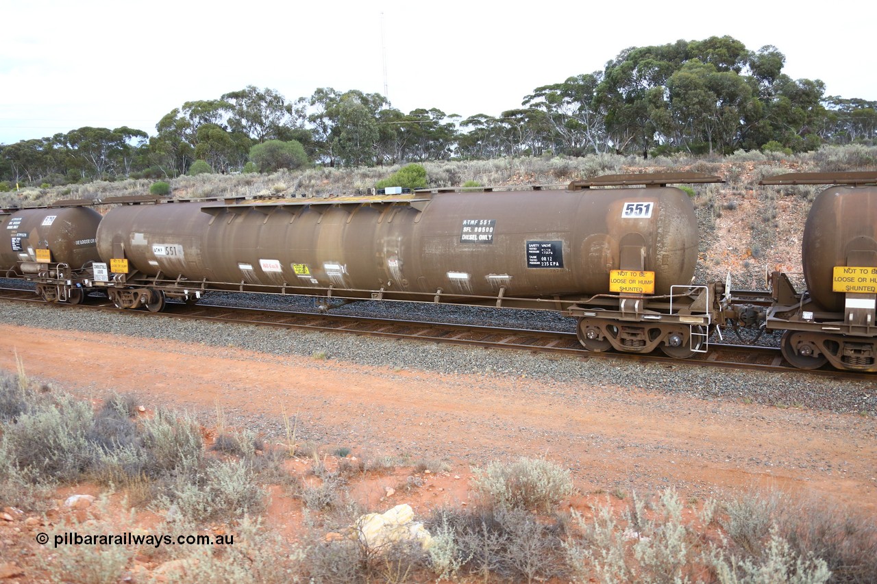 161116 5125
West Kalgoorlie, Shell fuel train 3442, ATMF 551 fuel tank waggon, one of three built by Tulloch Limited NSW as WJM type in 1971 with a capacity of 96,250 litres, one compartment one dome, current capacity of 80,500 litres. WJM's 551 and 552 built for Shell and 553 for BP Oil. Fitted with type F InterLock coupler handbrake end and E type at the non-handbrake end.
Keywords: ATMF-type;ATMF551;Tulloch-Ltd-NSW;WJM-type;