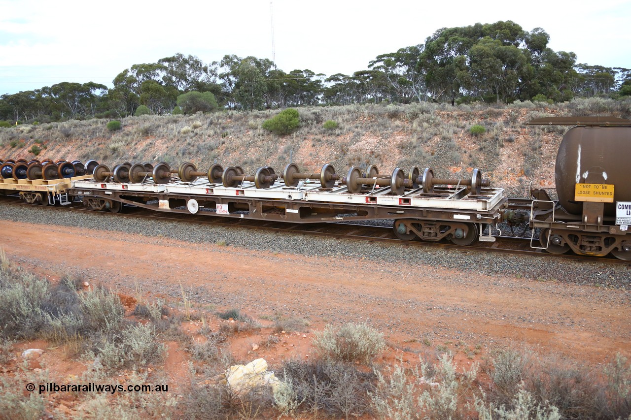 161116 5128
West Kalgoorlie, Shell fuel train 3442, container flat waggon AQWY 30329, built by Tomlinson Steel WA in a batch of 161 WFX type waggons between 1969 and 1970. Fitted with three 20' wheel set carrying frames.
Keywords: AQWY-type;AQWY30329;Tomlinson-Steel-WA;WFX-type;