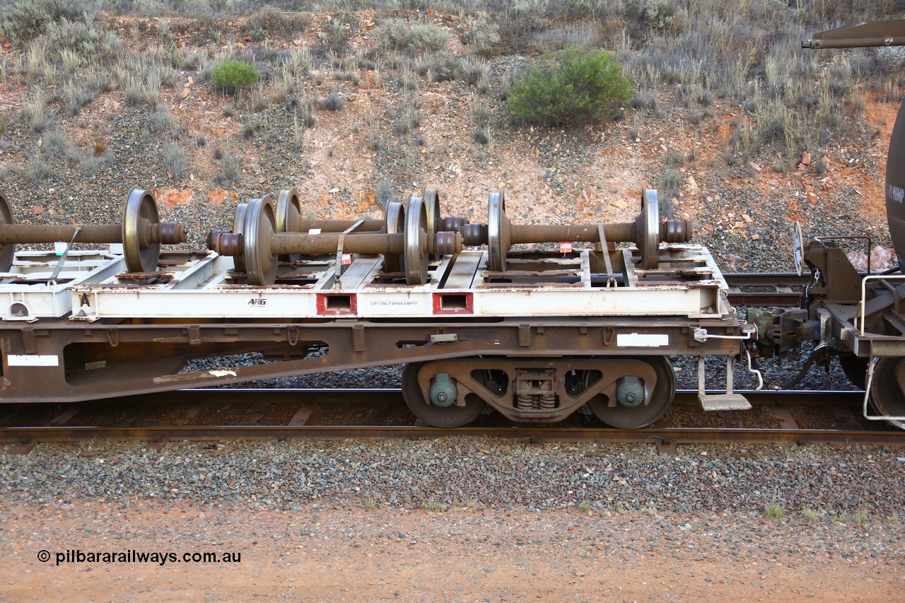 161116 5129
West Kalgoorlie, Shell fuel train 3442, container flat waggon AQWY 30329, built by Tomlinson Steel WA in a batch of 161 WFX type waggons between 1969 and 1970. Fitted with 20' wheel set carrying frames, note the standard E type coupler with the type F InterLock on the fuel waggon.
Keywords: AQWY-type;AQWY30329;Tomlinson-Steel-WA;WFX-type;