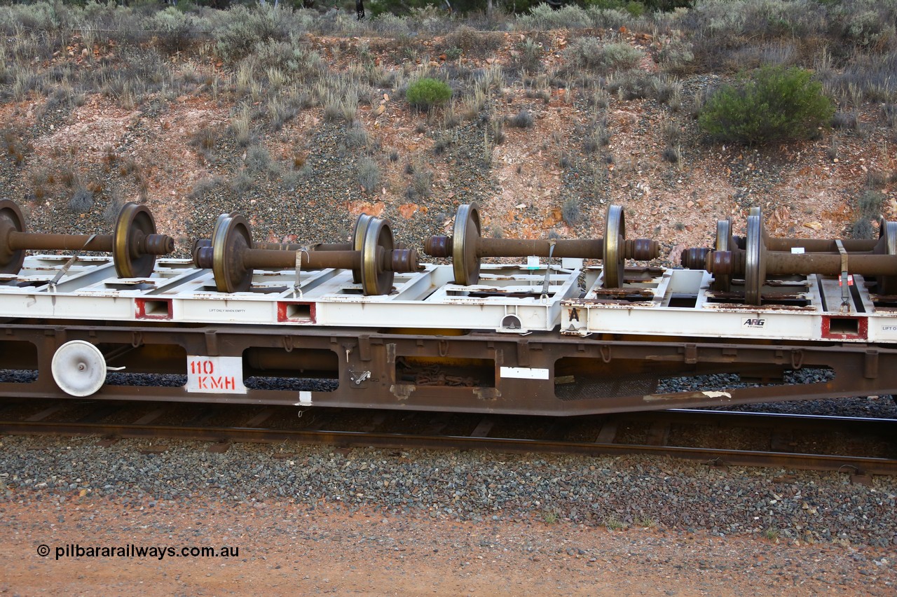 161116 5130
West Kalgoorlie, Shell fuel train 3442, container flat waggon AQWY 30329, built by Tomlinson Steel WA in a batch of 161 WFX type waggons between 1969 and 1970. Fitted with three 20' wheel set carrying frames.
Keywords: AQWY-type;AQWY30329;Tomlinson-Steel-WA;WFX-type;