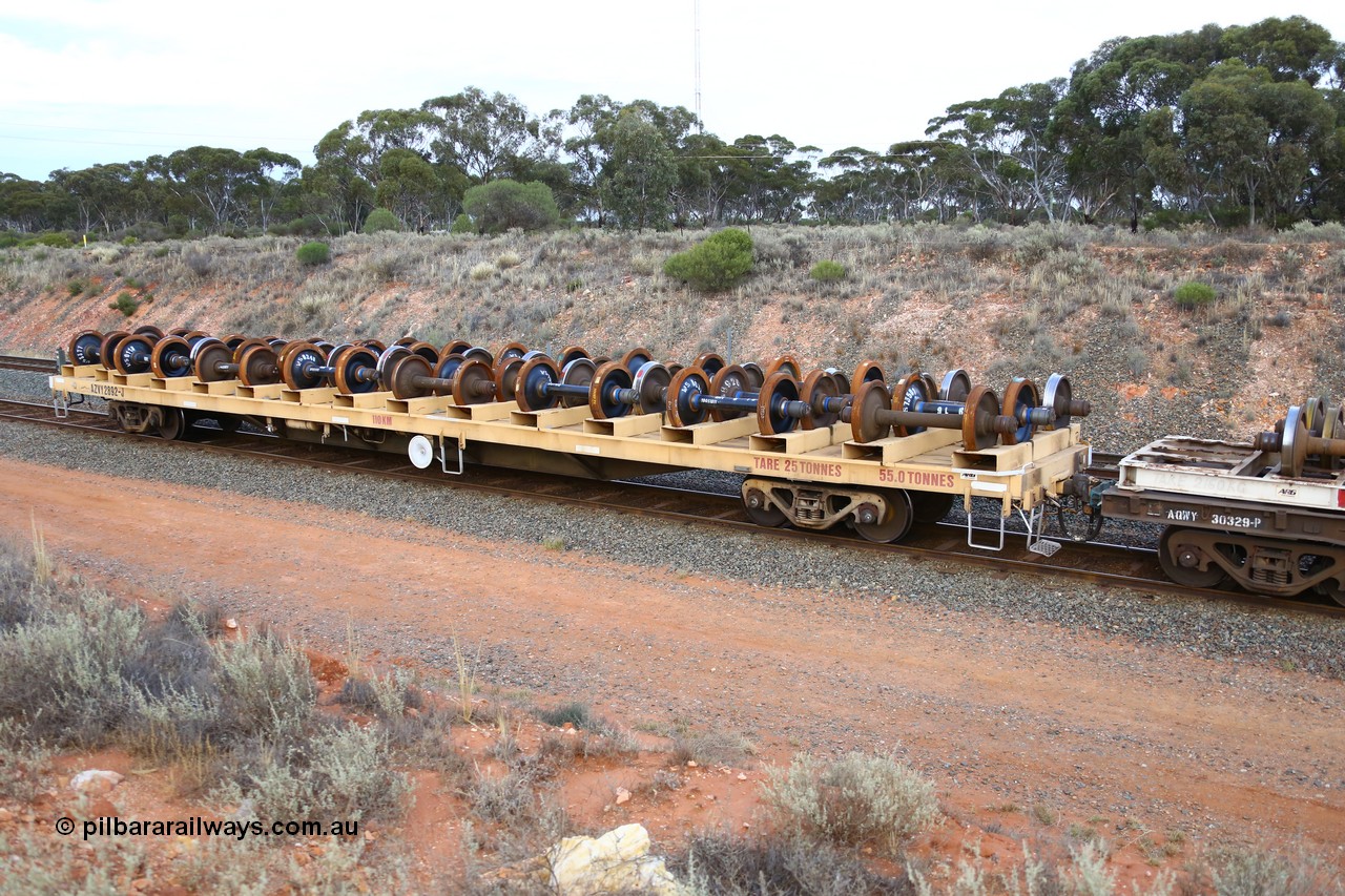 161116 5132
West Kalgoorlie, Shell fuel train 3442, departmental wheel set carrier waggon AZVY 2829, built by Transfield WA 1976 for Commonwealth Railways as one of two hundred GOX type open waggons. Recoded to AOOX, then in 1992 modified to AZVY.
Keywords: AZVY-type;AZVY2892;Transfield-WA;GOX-type;AOOX-type;AZVL-type;