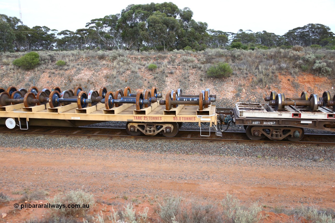 161116 5133
West Kalgoorlie, Shell fuel train 3442, departmental wheel set carrier waggon AZVY 2829, built by Transfield WA 1976 for Commonwealth Railways as one of two hundred GOX type open waggons. Recoded to AOOX, then in 1992 modified to AZVY.
Keywords: AZVY-type;AZVY2892;Transfield-WA;GOX-type;AOOX-type;AZVL-type;
