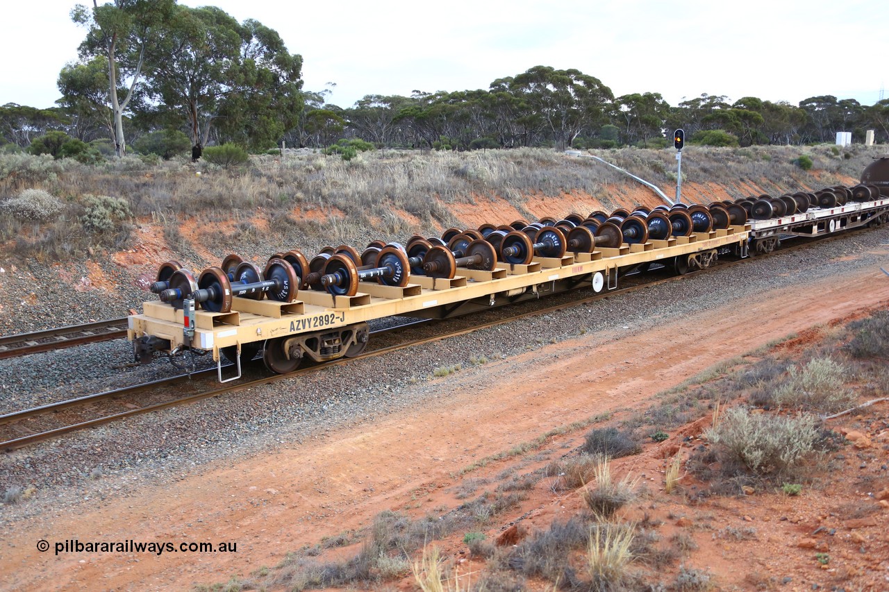 161116 5136
West Kalgoorlie, Shell fuel train 3442, departmental wheel set carrier waggon AZVY 2829, built by Transfield WA 1976 for Commonwealth Railways as one of two hundred GOX type open waggons. Recoded to AOOX, then in 1992 modified to AZVY.
Keywords: AZVY-type;AZVY2892;Transfield-WA;GOX-type;AOOX-type;AZVL-type;