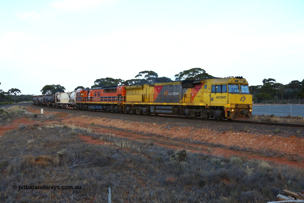 161116 5546
Binduli, empty Shell fuel train 4443 departs West Kalgoorlie behind UGL Rail built GE model C44ACi unit ACC 6031 serial R-0093-01 / 13-485 and Clyde Engineering built EMD model GT46C Q class unit Q 4009 (originally Q 309) serial 97-1461 with 17 waggons for 345 metres and 425 tonnes on the overnight run to Esperance.
Keywords: ACC-class;ACC6031;UGL-Rail-NSW;GE;C44ACi;R-0093-01/13-485;