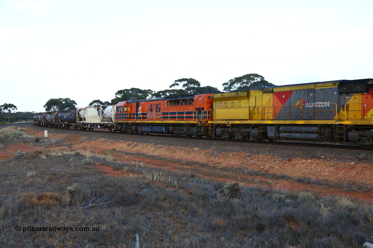 161116 5547
Binduli, empty Shell fuel train 4443 departs West Kalgoorlie with second unit Clyde Engineering built EMD model GT46C Q class unit Q 4009 (originally Q 309) serial 97-1461, behind the loco is the 'new' loco sand waggon with two tanktainer pods, CTC 2201 and CTC 2203 for the Esperance workshops, train details were 17 waggons for 345 metres and 425 tonnes on the overnight run to Esperance.
Keywords: Q-class;Q4009;Clyde-Engineering-Forrestfield-WA;EMD;GT46C;97-1461;Q309;