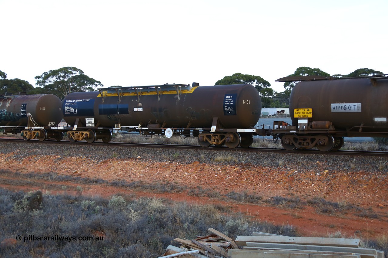 161116 5558
Binduli, empty Shell fuel train 4443, tank waggon NTAY 6131, built by Indeng Qld 1979 for Shell as SCA type SCA 282 fitted with conventional couplers.
Keywords: NTAY-type;NTAY6131;Indeng-Qld;SCA-type;SCA282;NTAF-type;