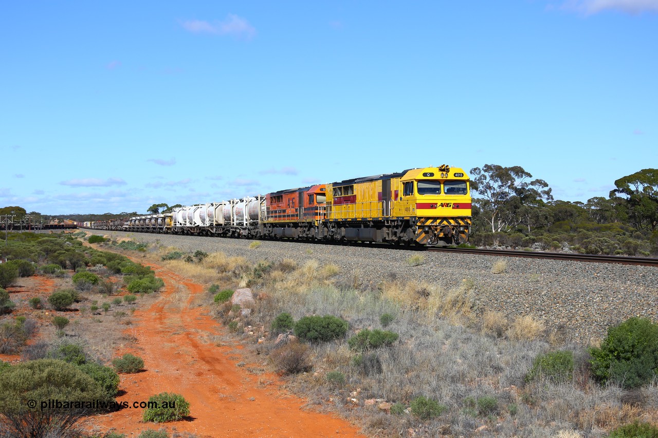161111 2451
Binduli, Kalgoorlie Freighter train 5025 runs through the dip with Clyde Engineering EMD model GT64C Q class units Q 4013 serial 97-1466 renumbered from Q 313 and Q 4005 serial 97-1458 renumbered from Q 305.
Keywords: Q-class;Q4013;Clyde-Engineering-Forrestfield-WA;EMD;GT46C;97-1466;Q313;