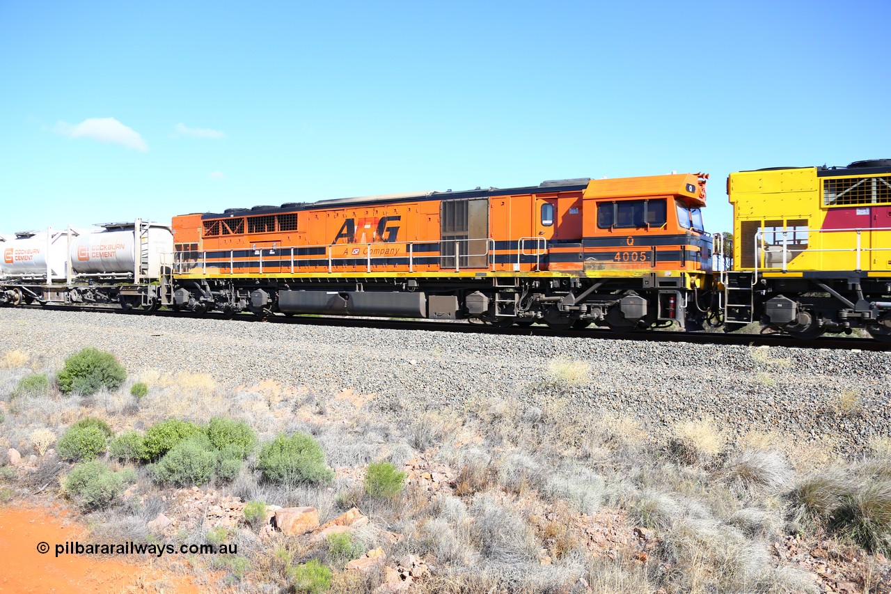 161111 2453
Binduli, Kalgoorlie Freighter train 5025, Clyde Engineering EMD model GT64C Q class unit Q 4005 serial 97-1458 renumbered from Q 305.
Keywords: Q-class;Q4005;Clyde-Engineering-Forrestfield-WA;EMD;GT46C;97-1458;Q305;