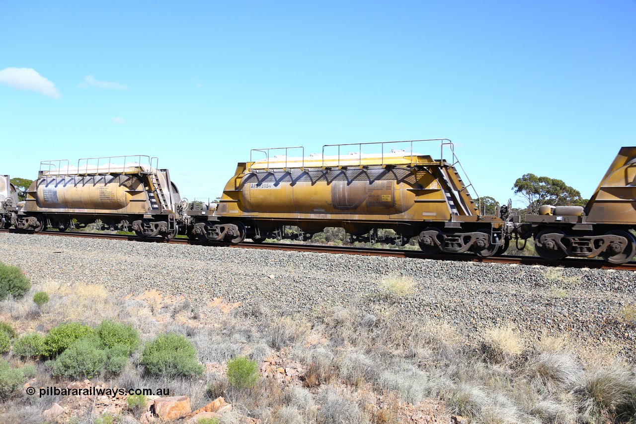 161111 2462
Binduli, Kalgoorlie Freighter train 5025, waggon APNY 31154, one of twelve built by WAGR Midland Workshops in 1974 as WNA type pneumatic discharge nickel concentrate waggon, WAGR built and owned copies of the AE Goodwin built WN waggons for WMC.
Keywords: APNY-type;APNY31154;WAGR-Midland-WS;WNA-type;