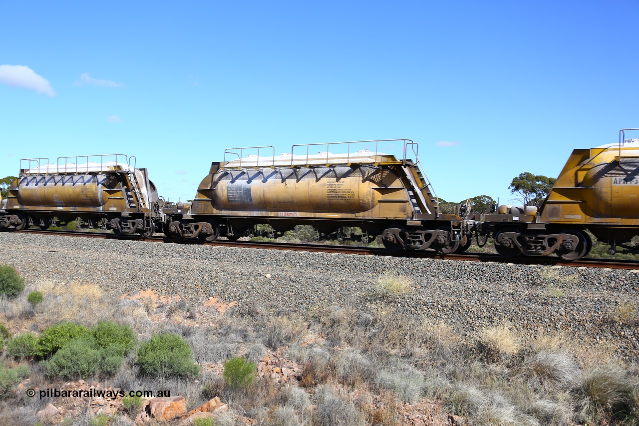 161111 2463
Binduli, Kalgoorlie Freighter train 5025, waggon APNY 31155, one of twelve built by WAGR Midland Workshops in 1974 as WNA class pneumatic discharge nickel concentrate waggon, WAGR built and owned copies of the AE Goodwin built WN waggons for WMC.
Keywords: APNY-type;APNY31155;WAGR-Midland-WS;WNA-type;