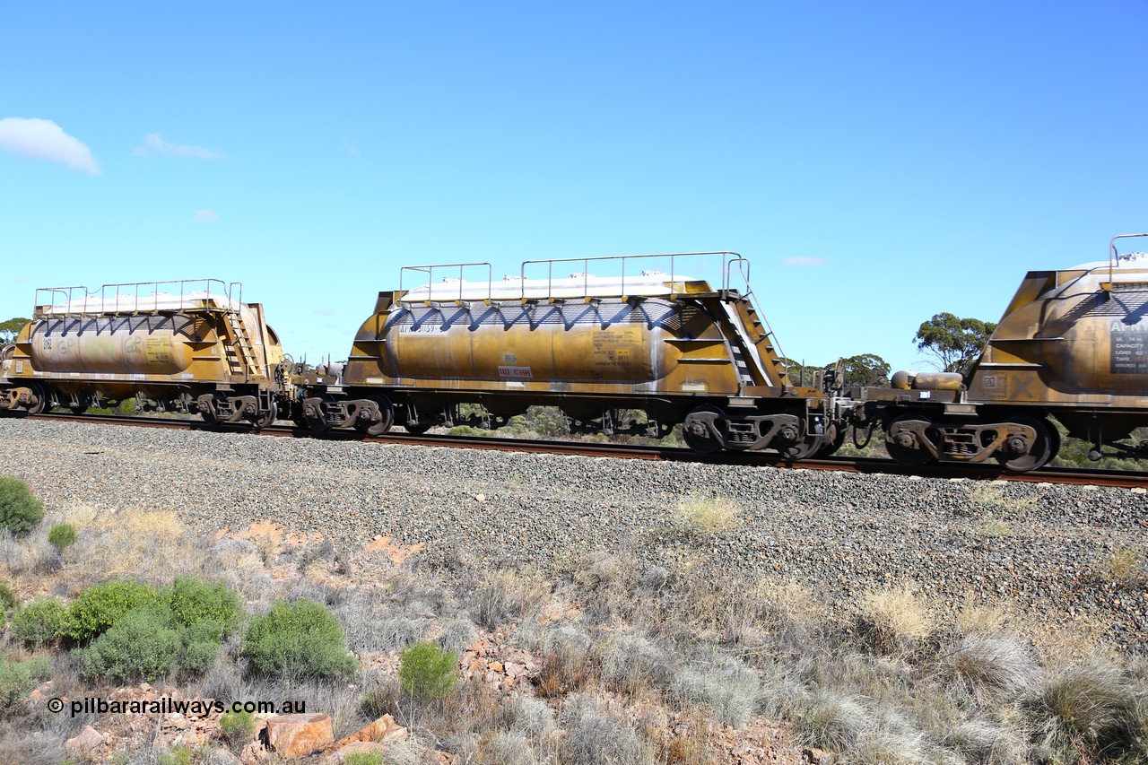 161111 2464
Binduli, Kalgoorlie Freighter train 5025, waggon APNY 31159, one of twelve built by WAGR Midland Workshops in 1974 as WNA type pneumatic discharge nickel concentrate waggon, WAGR built and owned copies of the AE Goodwin built WN waggons for WMC.
Keywords: APNY-type;APNY31159;WAGR-Midland-WS;WNA-type;
