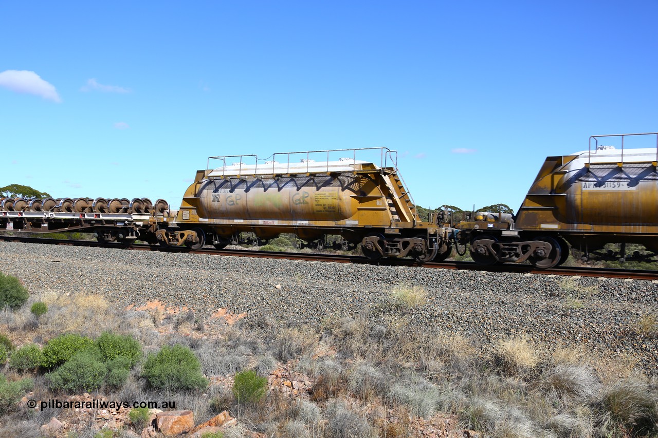 161111 2465
Binduli, Kalgoorlie Freighter train 5025, waggon APNY 31162, one of twelve built by WAGR Midland Workshops in 1974 as WNA type pneumatic discharge nickel concentrate waggon, WAGR built and owned copies of the AE Goodwin built WN waggons for WMC.
Keywords: APNY-type;APNY31162;WAGR-Midland-WS;WNA-type;