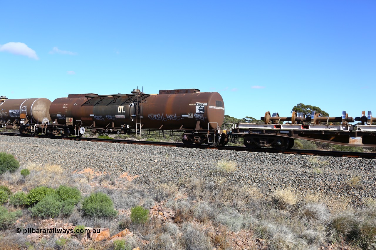 161111 2467
Binduli, Kalgoorlie Freighter train 5025, fuel tank waggon ATDY 4618 ex NSW NTAF fuel tank, AMPOL vintage, here is service for BP Oil. Was coded WTDY when came to WA.
Keywords: ATDY-type;ATDY4618;NTAF-type;WTDY-type;