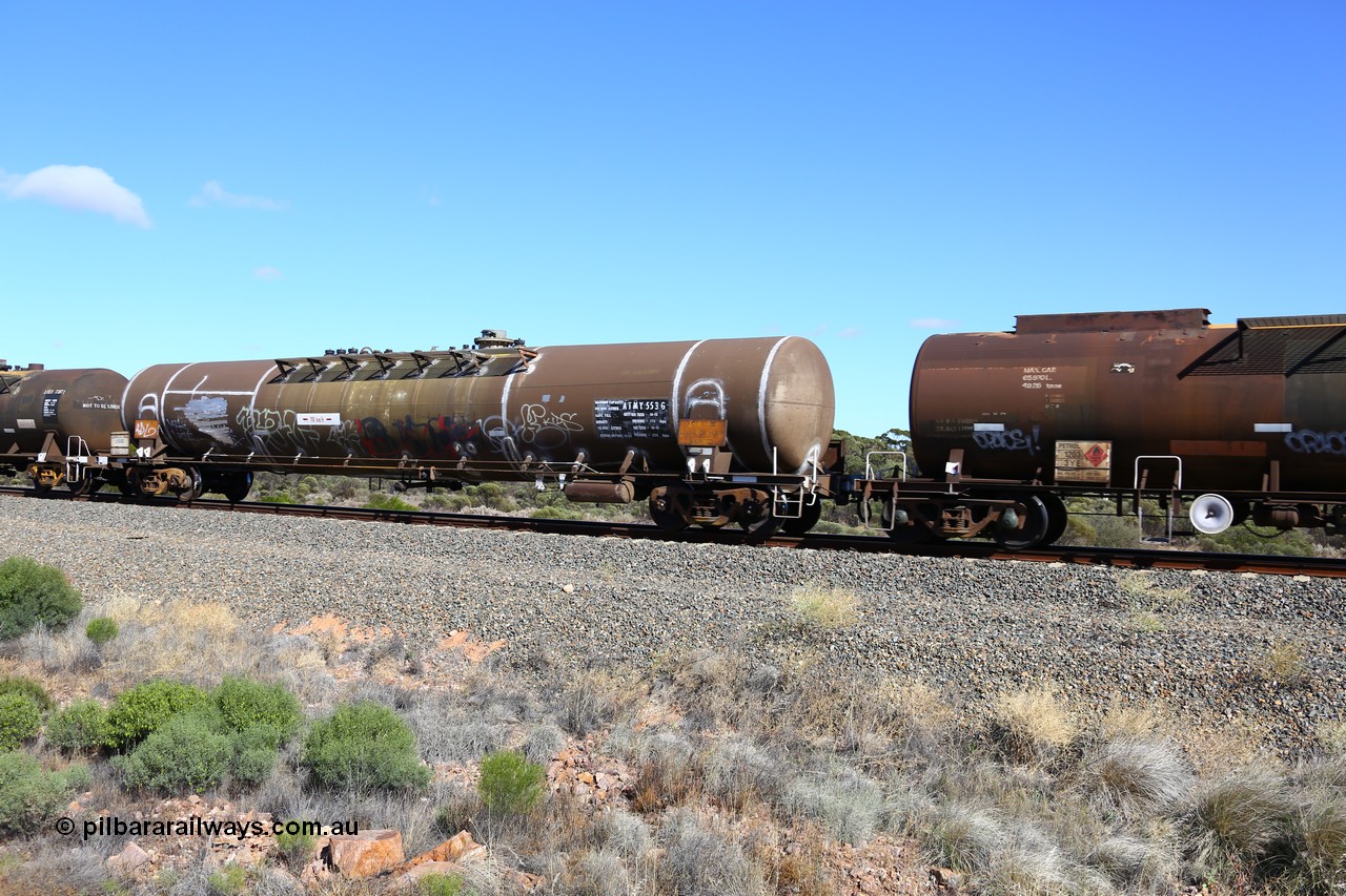 161111 2468
Binduli, Kalgoorlie Freighter train 5025, diesel fuel tank waggon ATMY 553, built by Tulloch Ltd NSW for BP Oil in 1971 as WJM type, capacity of 102000 litres, diesel capacity of 76000 litres, refurbished by Gemco WA in Oct 2015.
Keywords: ATMY-type;ATMY553;Tulloch-Ltd-NSW;WJM-type;