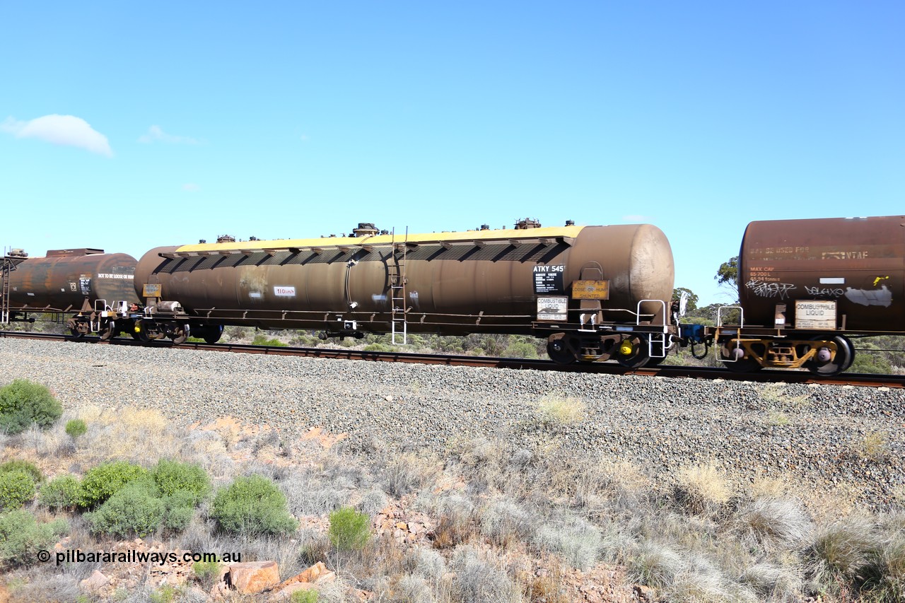 161111 2473
Binduli, Kalgoorlie Freighter train 5025, diesel fuel tank waggon ATKY 545, built by Tulloch Ltd NSW for ESSO Australia 1975 as a WJK type capacity of 105000 litres, sold to BP Oil in 1986, current capacity is probably 80500 litres in line with the rest of the fleet.
Keywords: ATKY-type;ATKY545;Tulloch-Ltd-NSW;WJK-type;WJKY-type;