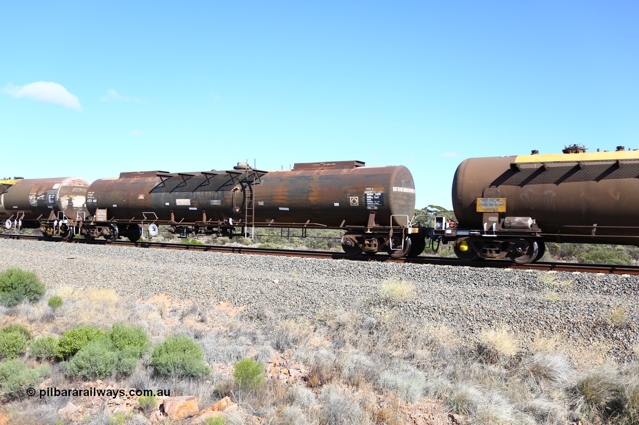 161111 2474
Binduli, Kalgoorlie Freighter train 5025, fuel tank waggon ATEY 4617 with 67,863 litre capacity , former AMPOL NTAF type NSW waggon. Originally coded WTEY when moved to WA.
Keywords: ATEY-type;ATEY4617;NTAF-type;WTEY-type;