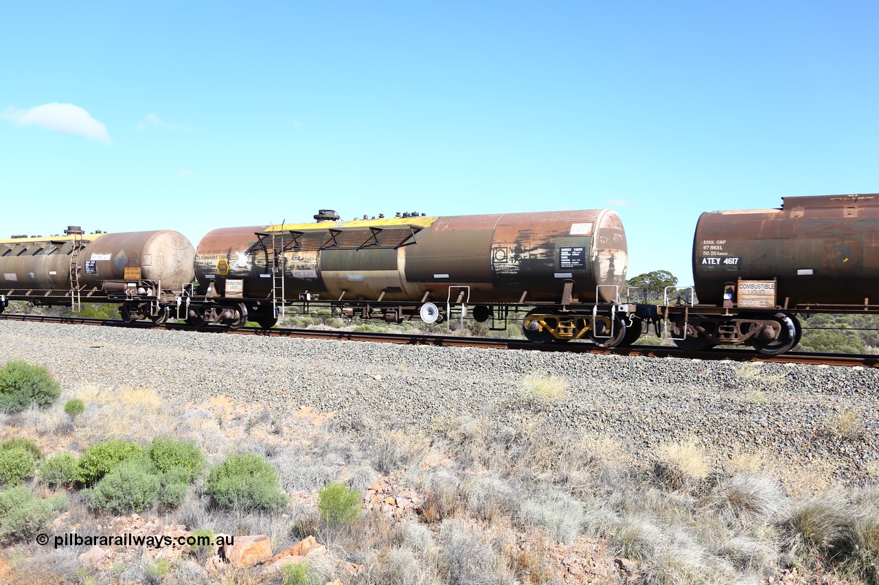 161111 2475
Binduli, Kalgoorlie Freighter train 5025, diesel fuel tank waggon ATEY 4725, BP Oil service, ex Ampol, other codes include ex NSW NTAF, WTEF and WTEY.
Keywords: ATEY-type;ATEY4725;NTAF-type;WTEF-type;WTEY-type;