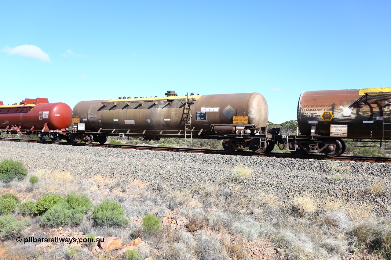 161111 2476
Binduli, Kalgoorlie Freighter train 5025, diesel fuel tank waggon ATPY 587 built by Westrail Midland Workshops in 1978 for Mobil, later sold to BP, as type WJP then recoded to WJPY, 80.66 kL one compartment one dome, original code and fleet no. visible, with a capacity now of 80000 litres.
Keywords: ATPY-type;ATPY587;WAGR-Midland-WS;WJP-type;WJPY-type;