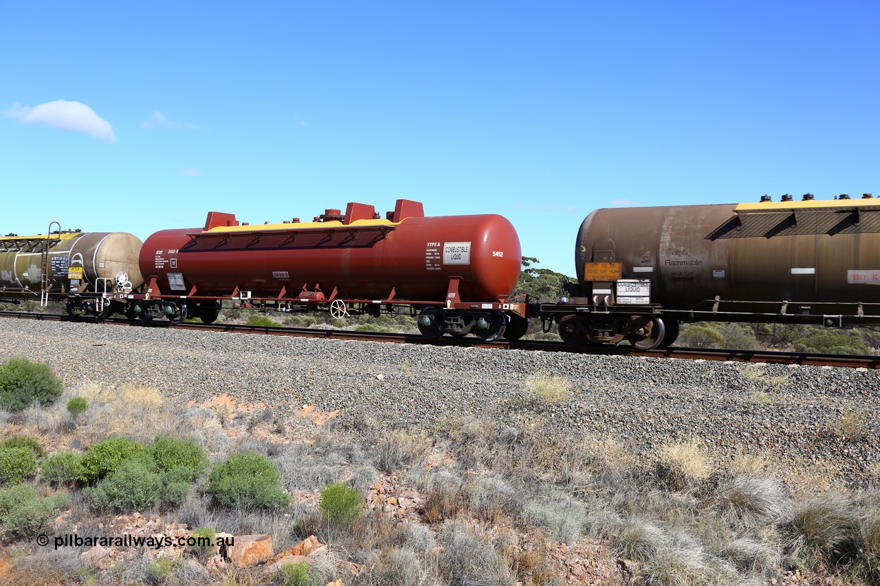 161111 2477
Binduli, Kalgoorlie Freighter train 5025, NTAY type fuel tank waggon NTAY 5452, orignally built by Indeng Qld for Mobil as part of a batch of seven NTAF tanks in 1981 as NTAF 452. Refurbished by Gemco WA for BP Oil, capacity of 61000 litres.
Keywords: NTAY-type;NTAY5452;Indeng-Qld;NTAF-type;NTAF452;