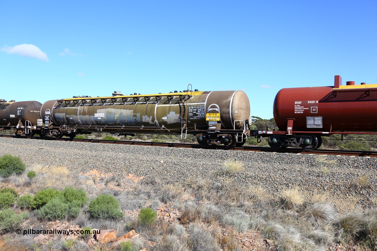 161111 2478
Binduli, Kalgoorlie Freighter train 5025, ATKY 515 fuel tank waggon built by Tulloch Ltd NSW in 1971 along with sister 516 for BP Oil as WJK type 93,000 litres three compartment and three domes, refurbished by Gemco WA Dec 2015, current capacity is probably 80500 litres in line with the rest of the fleet.
Keywords: ATKY-type;ATKY515;Tulloch-Ltd-NSW;WJK-type;