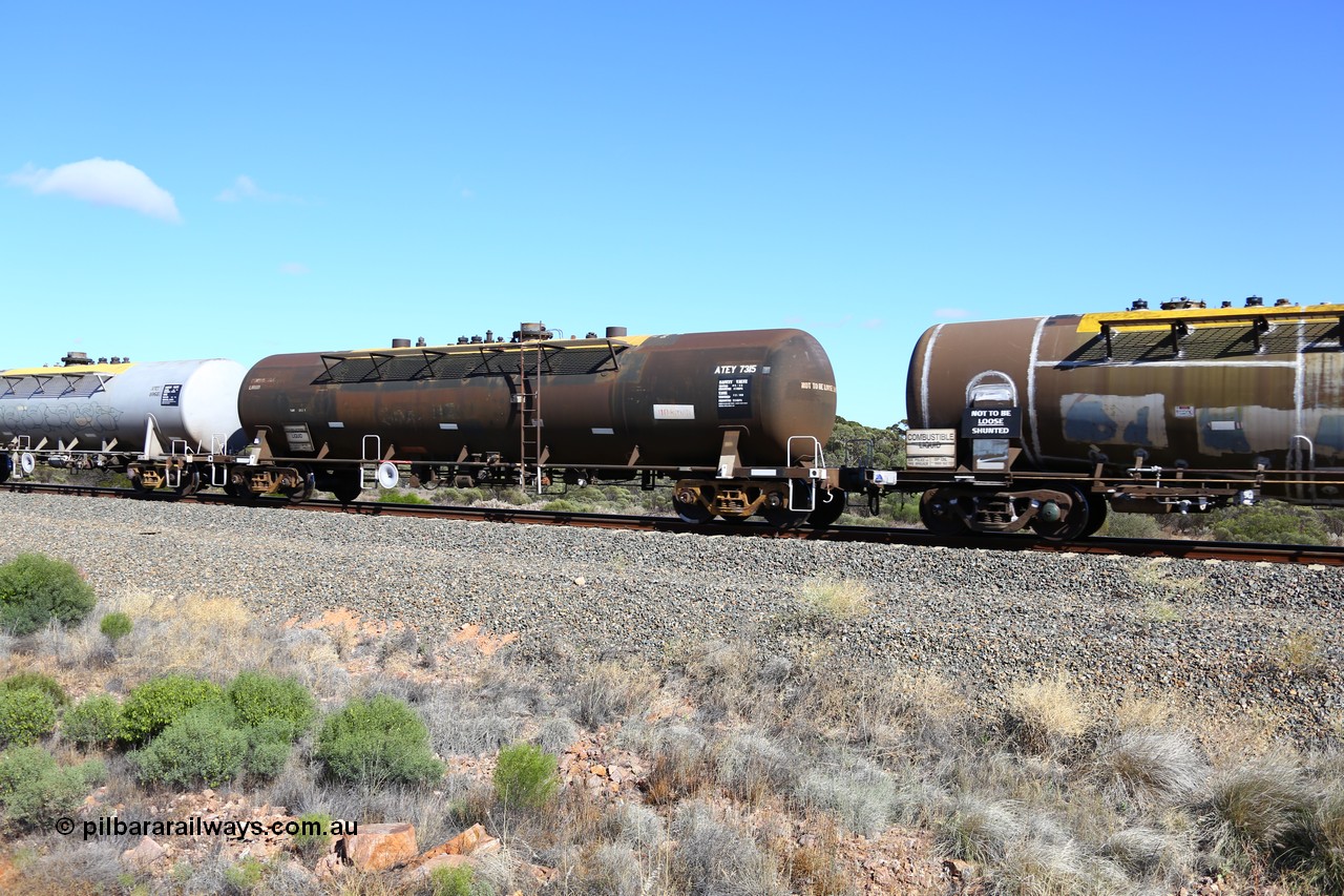 161111 2479
Binduli, Kalgoorlie Freighter train 5025, diesel fuel tank waggon ATEY 7315, BP Oil service, ex Ampol, other codes include ex NSW NTAF, WTEF and WTEY.
Keywords: ATEY-type;ATEY7315;NTAF-type;WTEF-type;WTEY-type;