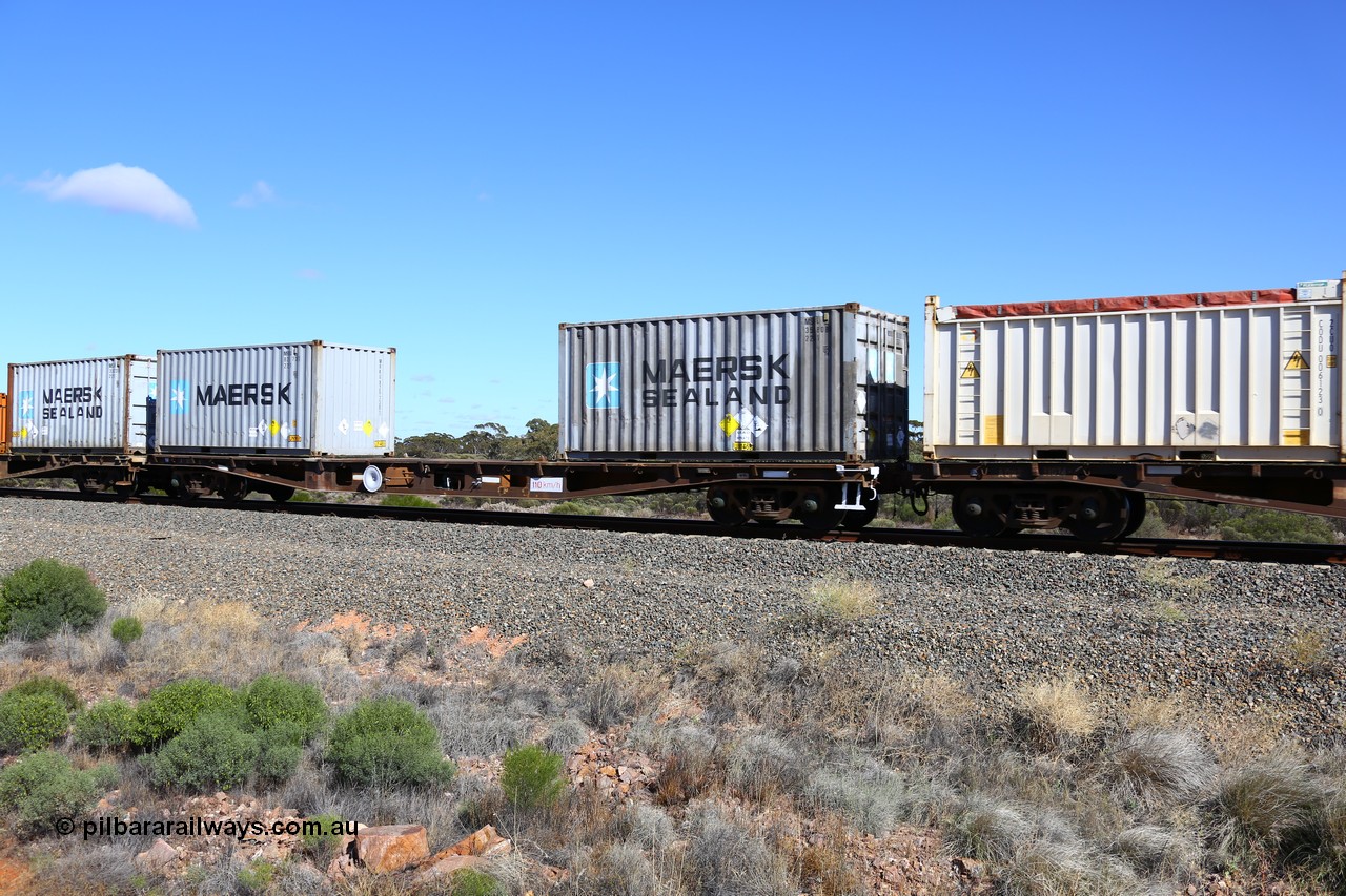161111 2484
Binduli, Kalgoorlie Freighter train 5025, container flat waggon AQWY 31037, built by Centrecon Ltd WA in 1981 in a batch of thirty five WFA type container waggons, another eighteen were also built by Westrail, to WQCY in 1987, to RHQY in 1994, back to WQCY in 1995, loaded here with two 20' 22G1 type Maersk boxes for lead nitrate, MSKU 351808[8] and 825739[1].
Keywords: AQWY-type;AQWY31037;Centrecon-Ltd-WA;WFA-type;WQCY-type;