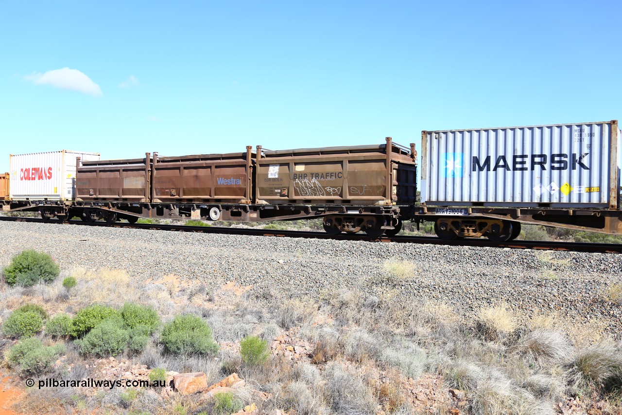 161111 2486
Binduli, Kalgoorlie Freighter train 5025, container flat waggon AQWY 30203, one of a batch of forty five built by WAGR Midland Workshops in 1974 as WFX type, to WQCX in 1980, seen here loaded with three 20' Westrail COR roll top containers, COR 5876 stencilled for BHP Traffic and also Salt Traffic Only, COR 5830 and COR 5869.
Keywords: AQWY-type;AQWY30203;WAGR-Midland-WS;WFX-type;