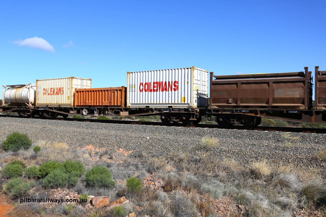 161111 2487
Binduli, Kalgoorlie Freighter train 5025, container flat waggon AQWY 30212 container waggon, originally one of forty five built by WAGR Midland Workshops in 1974 as WFX type, to WQCX in 1981, then AQCY, seen here loaded with two 20' 25B0 type Colemans ammonium nitrate boxes CCBU 020013[0] and CCBU 004400[0] and a 20' half height Nickel West box NIWU 100055[3] that normally contains quartz for the smelter.
Keywords: AQWY-type;AQWY30212;WAGR-Midland-WS;WFX-type;WQCX-type;AQCY-type;