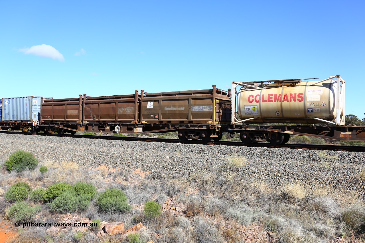 161111 2489
Binduli, Kalgoorlie Freighter train 5025, container flat waggon AQWY 31032, built by Centrecon Ltd WA in 1981 in a batch of thirty five WFA type container waggons, another eighteen were also built by Westrail, to WFAP in 1989, loaded here with three 20' Westrail roll top COR type containers COR 5874, COR 5548 and COR 5773.
Keywords: AQWY-type;AQWY31032;Centrecon-Ltd-WA;WFA-type;WFAP-type;