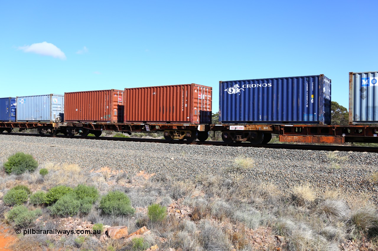 161111 2491
Binduli, Kalgoorlie Freighter train 5025, waggon AQRY 1013 platform B, with two TAL 20' 22G1 type boxes, TCLU 344596[0] and TCLU 299133[4]. The AQRY are a bar-coupled pair and were used for rail transport as the AFRF type on the Darwin line and are originally former ANR-CR waggons.
Keywords: AQRY-type;AQRY1013;AFRF-type;