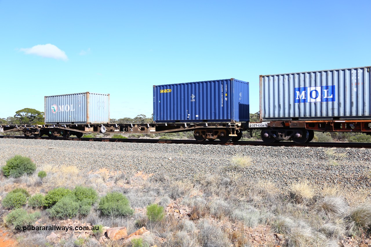 161111 2502
Binduli, Kalgoorlie Freighter train 5025, waggon AQWY 30244 was originally built at Midland Workshops as a WFX type container flat waggon in a batch of forty five in 1974, later recoded to WQCX. Loaded with two 20' 22G1 type boxes, Seaco SEGU 193608[2] and MOL MOAU 077639[5].
Keywords: AQWY-type;AQWY30244;WAGR-Midland-WS;WFX-type;