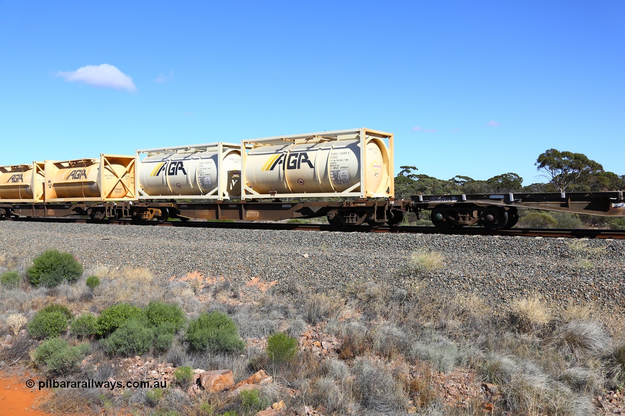 161111 2504
Binduli, Kalgoorlie Freighter train 5025, waggon AQNY 32157 one of sixty two waggons built by Goninan WA in 1998 as WQN type for Murrin Murrin container traffic, carrying two AGR 20' 22K2 type Eurotainer ISO tanks EURU 112065[4] and EURU 112053[0] containing sodium cyanide solution.
Keywords: AQNY-type;AQNY32157;Goninan-WA;WQN-type;
