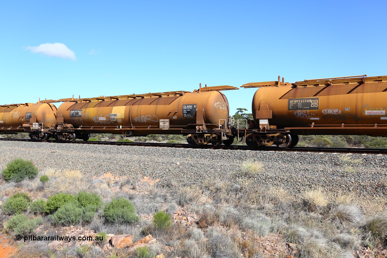 161111 2509
Binduli, Kalgoorlie Freighter train 5025, ATBY 14597 fuel tank waggon built by Westrail Midland Workshops in a batch of nine in 1981 for Bain Leasing Pty Ltd as type JPB, 82,000 litres but 14591 was issued to standard gauge as WJPB type, in 1986 it was converted to narrow gauge as JPBA type.
Keywords: ATBY-type;ATBY14597;Westrail-Midland-WS;WJPB-type;JPBA-type;