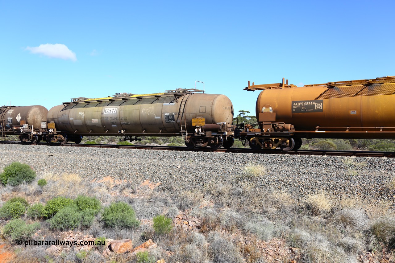 161111 2512
Binduli, Kalgoorlie Freighter train 5025, ATHY 522 fuel tanker, one of two built by Comeng NSW in 1971 for Caltex as WJH type. With a capacity of 103000 litres but a safe full level of on 72000 litres.
Keywords: ATHY-type;ATHY522;Comeng-NSW;WJH-type;WJHY-type;