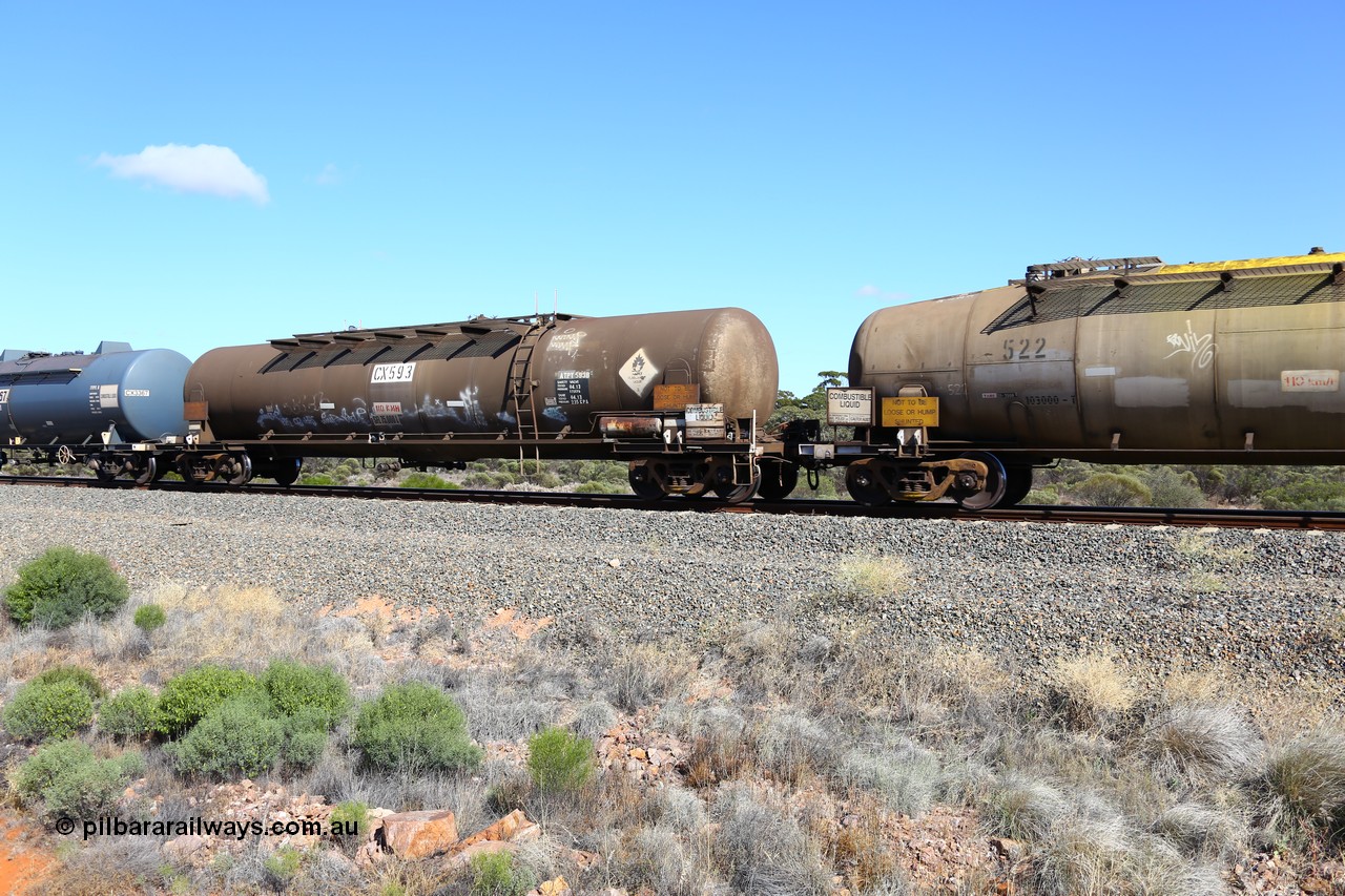 161111 2513
Binduli, Kalgoorlie Freighter train 5025, waggon ATPY 593 fuel tank waggon built by WAGR Midland Workshops in 1976 as one of four WJP type for AMPOL, capacity of 80500 litres, here in Caltex service.
Keywords: ATPY-type;ATPY593;WAGR-Midland-WS;WJP-type;WJPY-type;