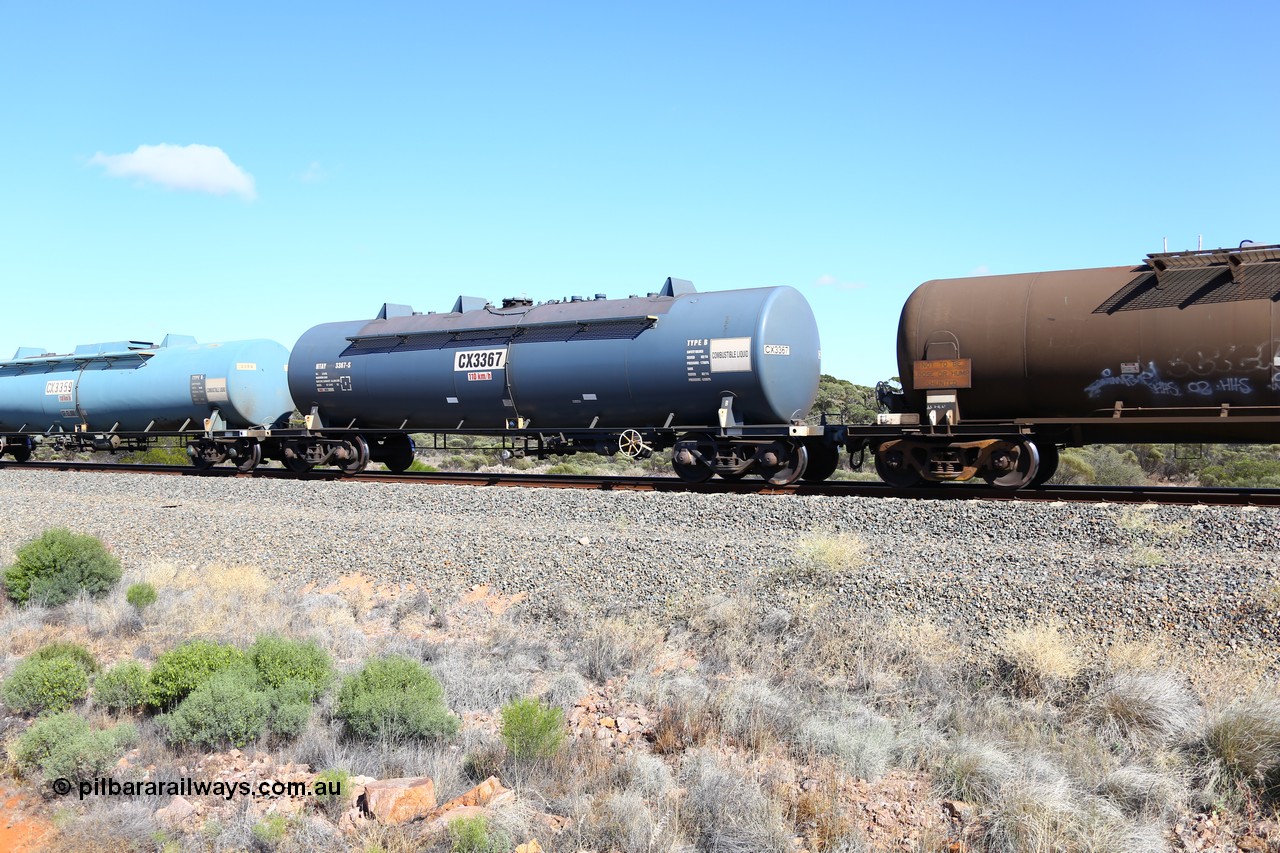 161111 2514
Binduli, Kalgoorlie Freighter train 5025, NTAY type fuel tank waggon NTAY 3367 with 64,600 litre capacity for Caltex. Refurbished by Gemco WA in Feb 2014 from a Caltex NTAF type tank waggon NTAF 367 originally built by Transrail in 1977.
Keywords: NTAY-type;NTAY3367;Transrail-NSW;CAL-type;CAL367;NTAF-type;