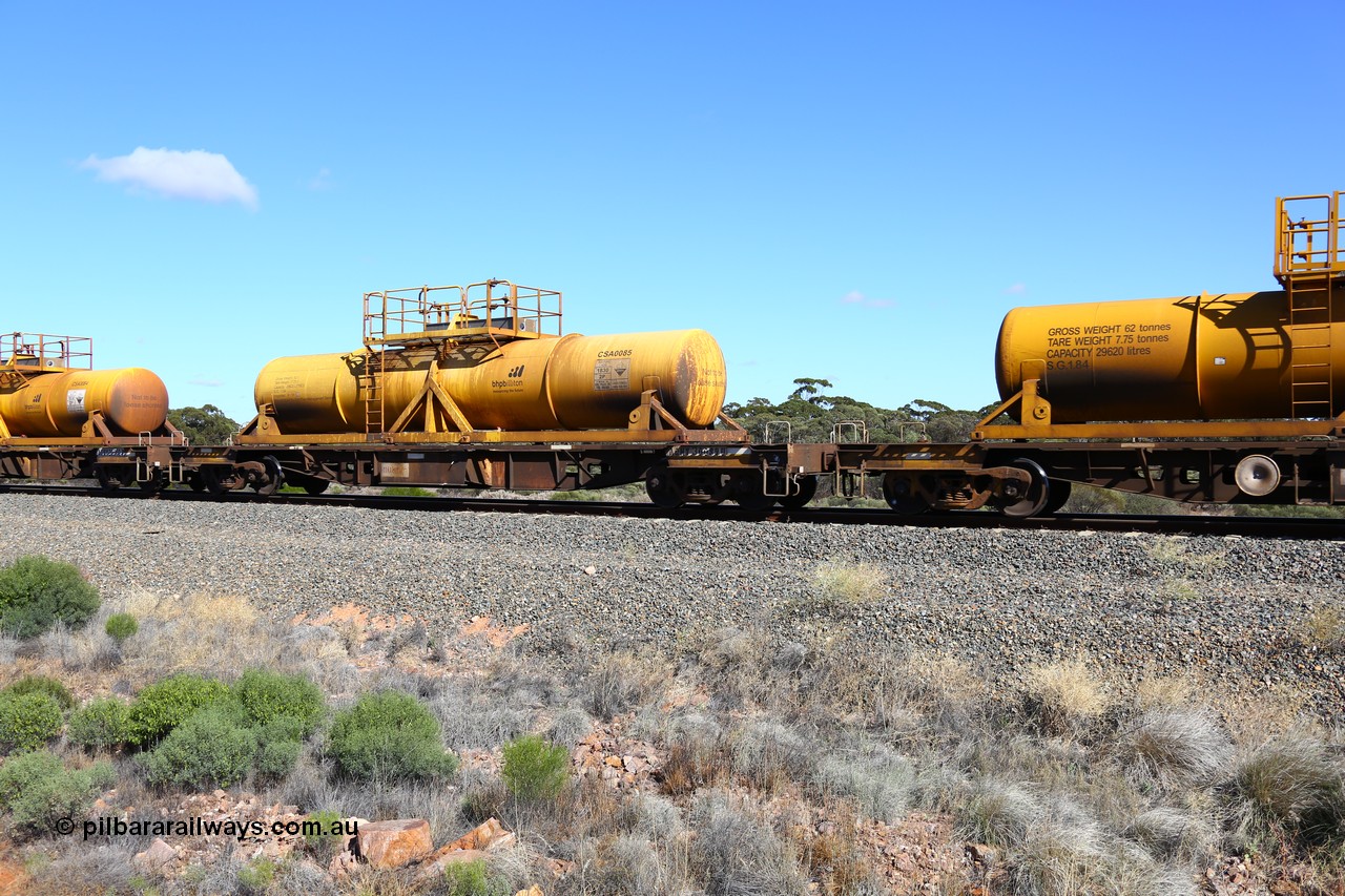 161111 2519
Binduli, Kalgoorlie Freighter train 5025, waggon AQHY 30089 with sulphuric acid tank CSA 0085, originally built by the WAGR Midland Workshops in 1964/66 as a WF type flat waggon, then in 1997, following several recodes and modifications, was one of seventy five waggons converted to the WQH type to carry CSA sulphuric acid tanks between Hampton/Kalgoorlie and Perth/Kwinana.
Keywords: AQHY-type;AQHY30089;WAGR-Midland-WS;WF-type;WFDY-type;WFDF-type;RFDF-type;WQH-type;